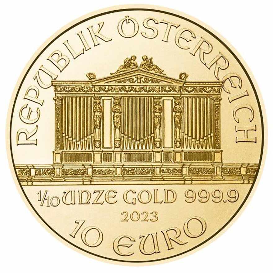 1-10 oz vienna philharmonic gold coin 2023 back