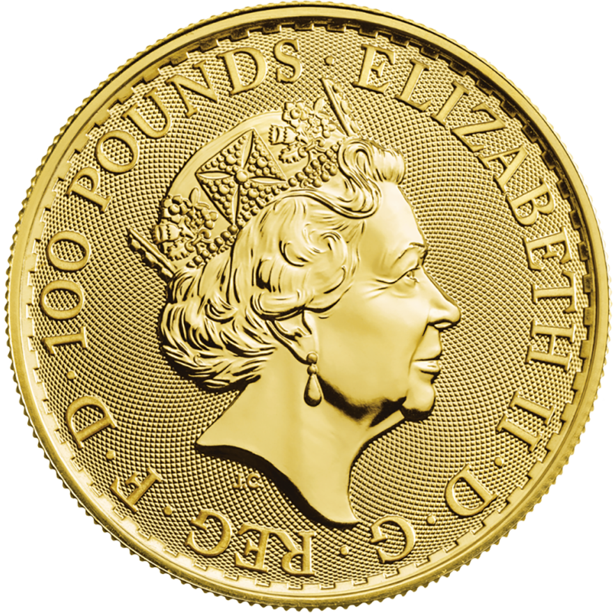 1 oz Queen Elizabeth II Gold Britannia 2023 coin obverse with royal portrait, investment-grade UK gold bullion