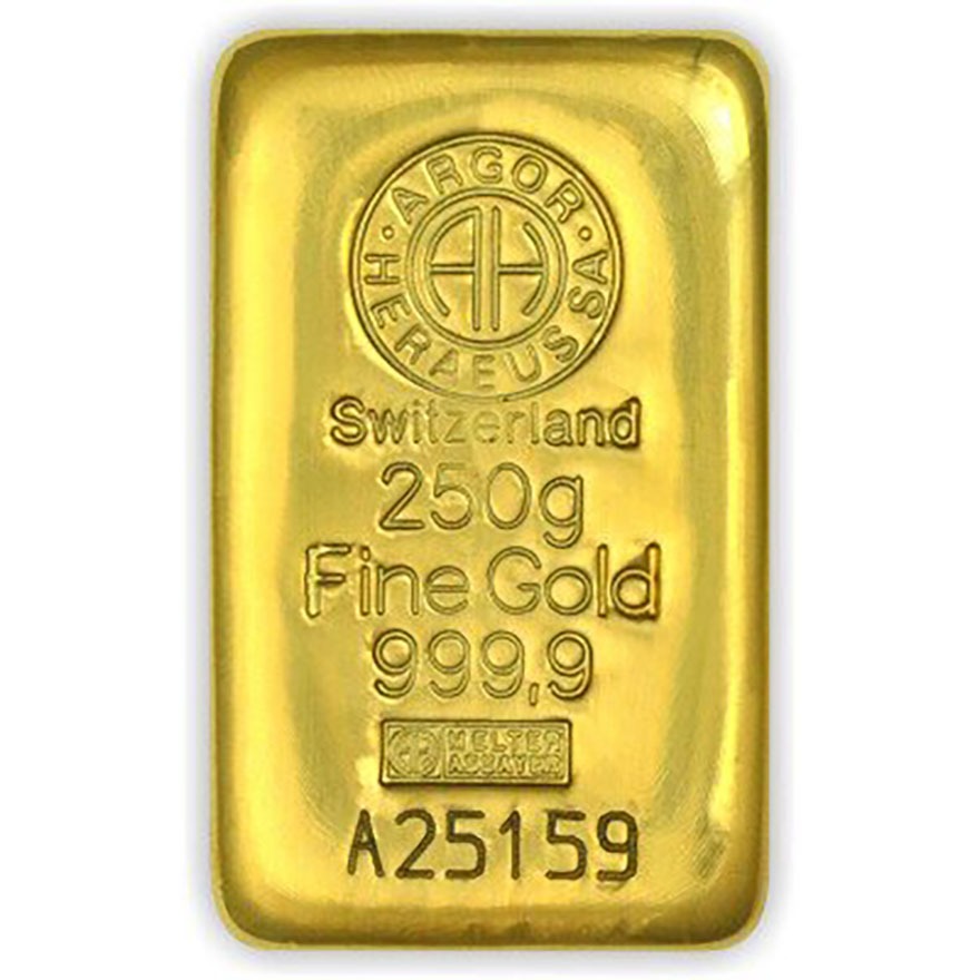 250g gold bar argor heraeus casted front