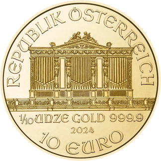 1/10 oz gold bullion coin reverse design, investment-grade gold coin available to buy from Gold Investments UK