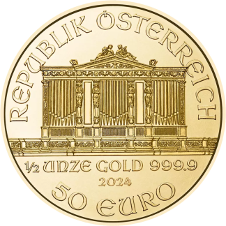 1/2 oz gold bullion coin reverse design, investment-grade gold coin available to buy from Gold Investments UK
