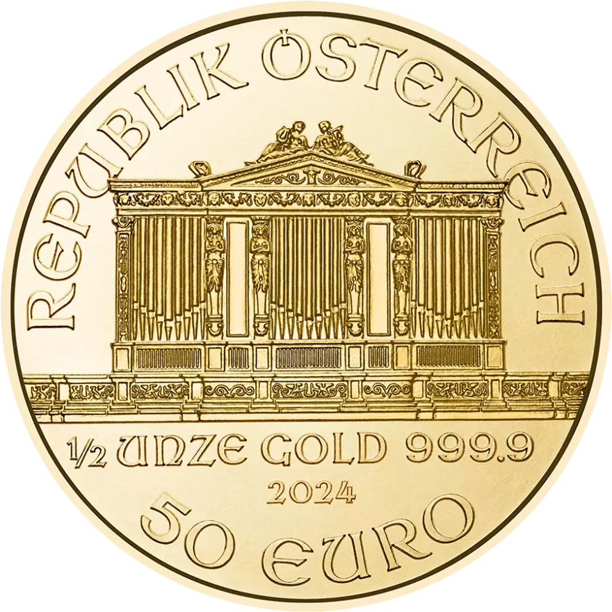 1/2 oz gold bullion coin reverse design, investment-grade gold coin available to buy from Gold Investments UK