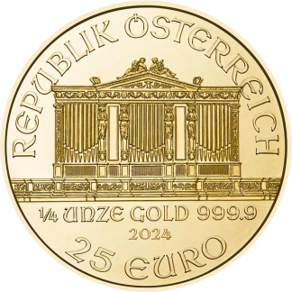 1/4 oz gold bullion coin reverse design, investment-grade gold coin available to buy from Gold Investments UK
