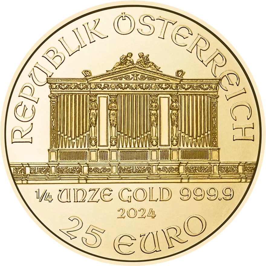 1/4 oz gold bullion coin reverse design, investment-grade gold coin available to buy from Gold Investments UK