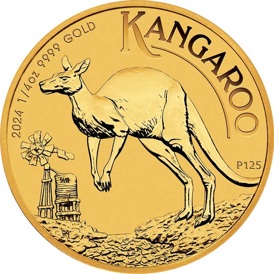 1/4 oz Australian Gold Kangaroo 2024 coin reverse with kangaroo design, Perth Mint investment-grade gold bullion