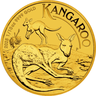 1/10 oz Gold Kangaroo coin obverse, Perth Mint investment-grade gold bullion coin from Gold Investments UK