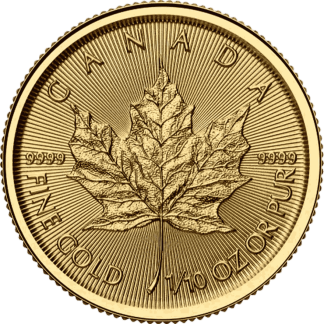 1/10 oz Gold Maple Leaf coin obverse, Royal Canadian Mint investment-grade gold bullion from Gold Investments UK