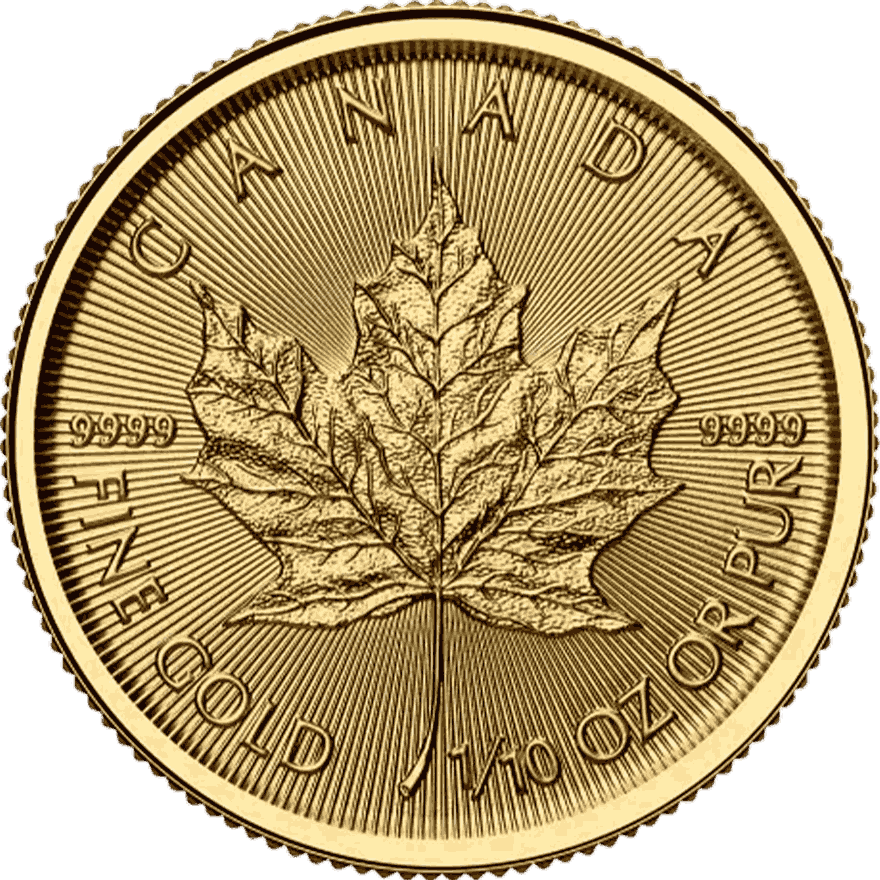 1/10 oz Gold Maple Leaf coin obverse, Royal Canadian Mint investment-grade gold bullion from Gold Investments UK