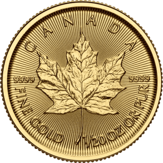 1/20 oz Gold Maple Leaf coin obverse, Royal Canadian Mint investment-grade gold bullion from Gold Investments UK