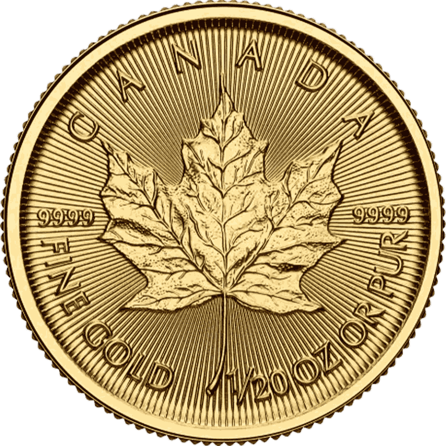 1/20 oz Gold Maple Leaf coin obverse, Royal Canadian Mint investment-grade gold bullion from Gold Investments UK