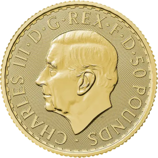 1/2 oz Gold Britannia coin reverse with Britannia design, investment-grade UK gold bullion from Gold Investments