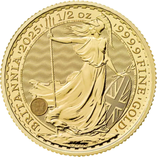 1/2 oz Gold Britannia coin obverse with royal portrait, investment-grade UK gold bullion from Gold Investments