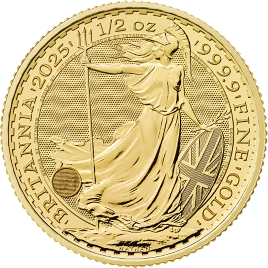 1/2 oz Gold Britannia coin obverse with royal portrait, investment-grade UK gold bullion from Gold Investments