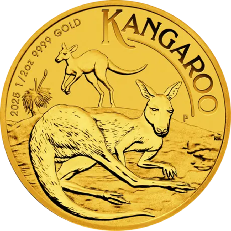 1/2 oz Gold Kangaroo coin obverse, Perth Mint investment-grade gold bullion coin from Gold Investments UK