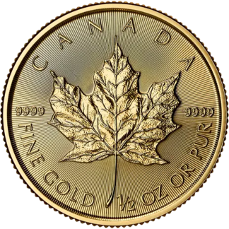 1/2 oz Gold Maple Leaf coin obverse, Royal Canadian Mint investment-grade gold bullion from Gold Investments UK