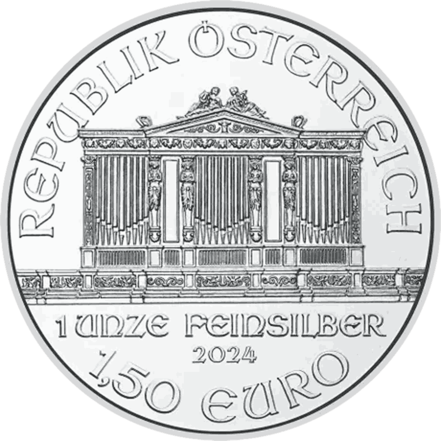 1 oz Austrian Silver Philharmonic coin reverse with orchestral instruments design, investment-grade silver bullion