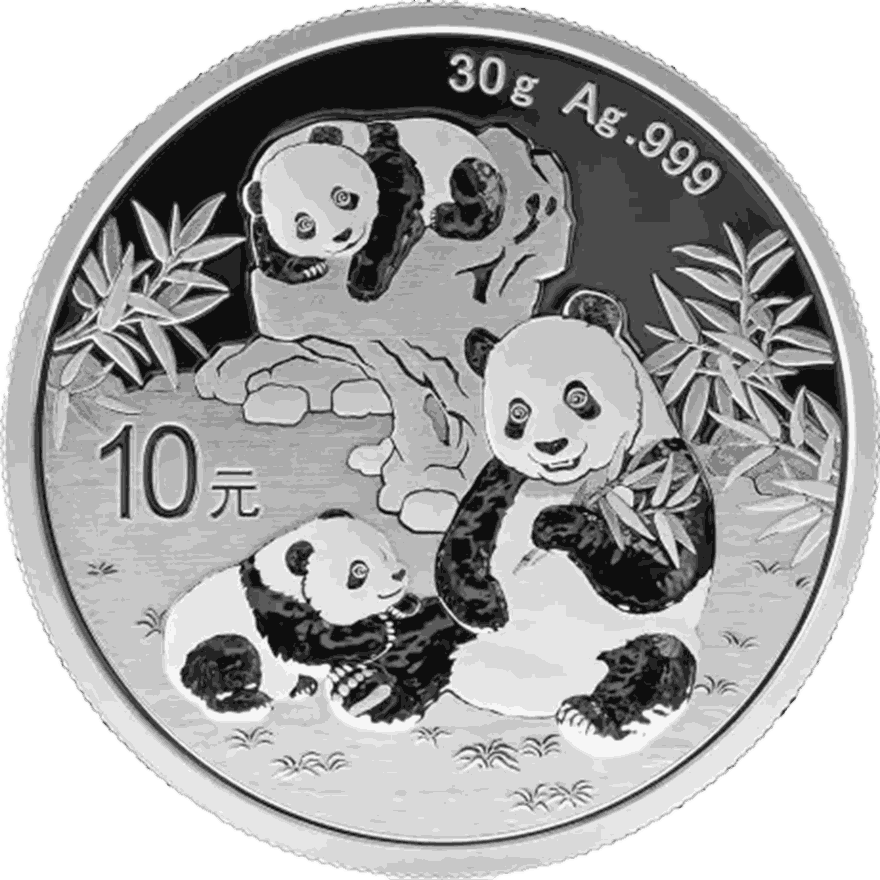 30g Chinese Silver Panda coin obverse, investment-grade silver bullion coin available from Gold Investments UK