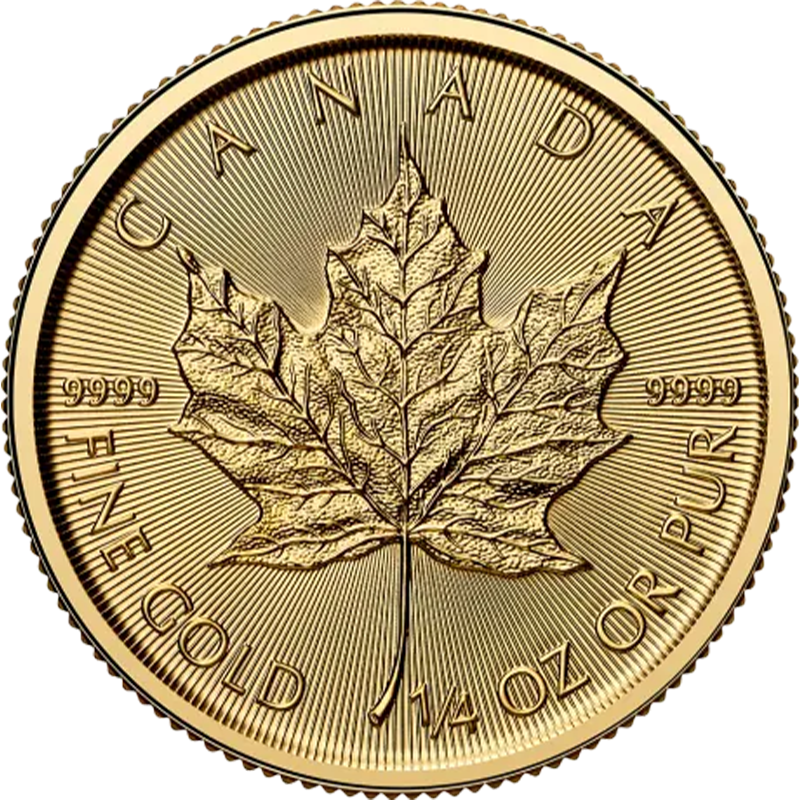 1/4 oz Gold Maple Leaf coin obverse, Royal Canadian Mint investment-grade gold bullion from Gold Investments UK