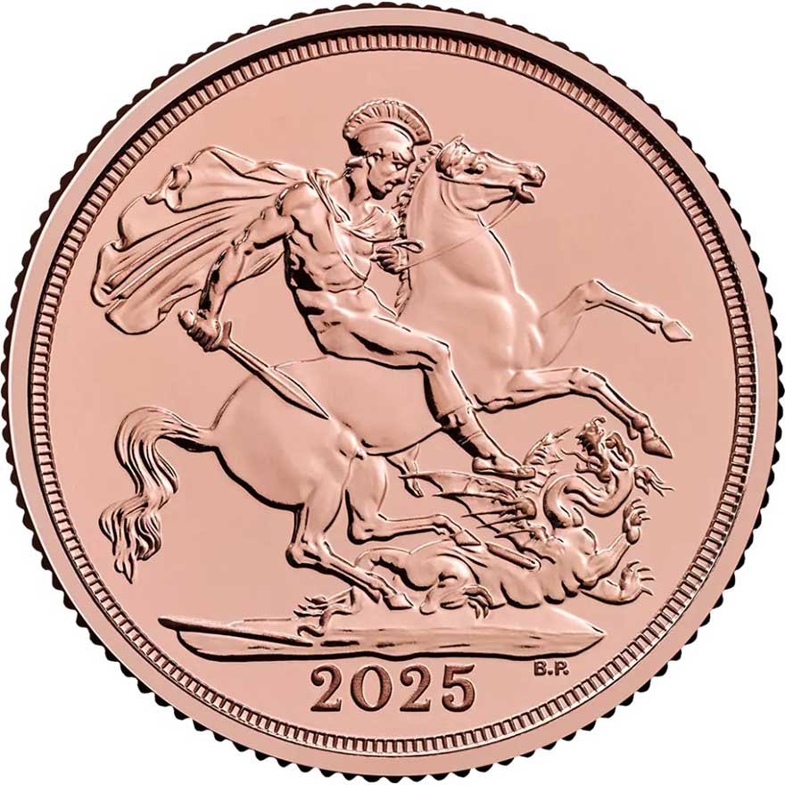 King Charles III Gold Sovereign 2025 coin reverse with St George and the dragon, investment-grade UK gold bullion