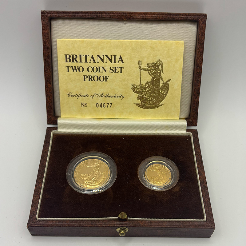 Gold Britannia two-coin proof set, certified investment-grade UK gold bullion from Gold Investments