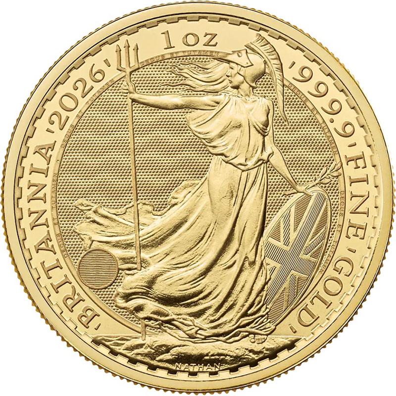 1 oz King Charles III Gold Britannia coin reverse showing Britannia design, investment-grade UK gold bullion