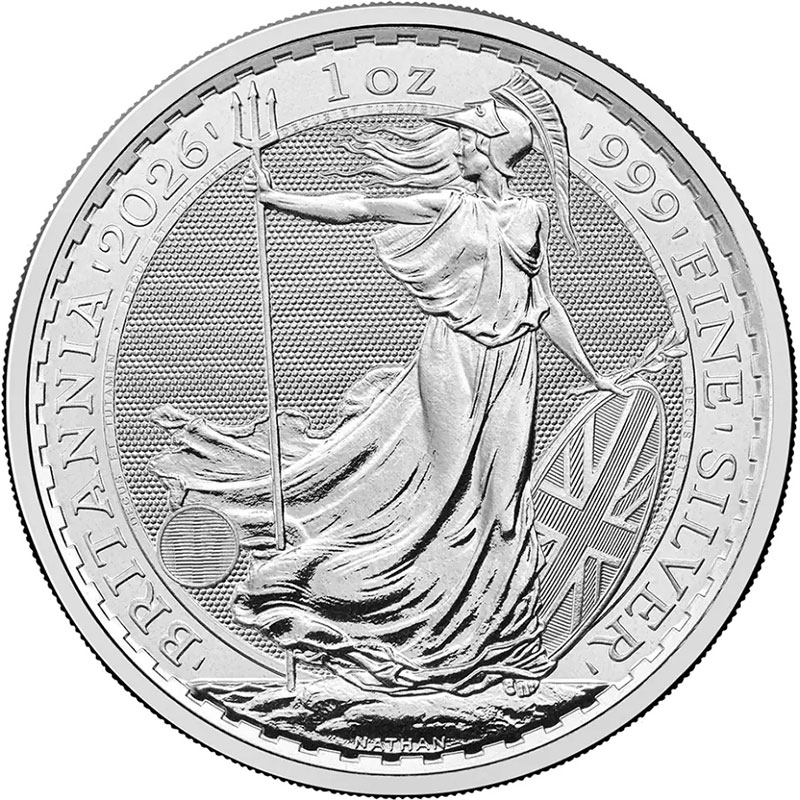 1 oz King Charles III Silver Britannia 2026 coin reverse showing Britannia design, investment-grade UK silver bullion