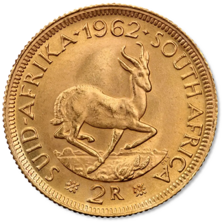 South African 2 Rand gold coin reverse with springbok design, investment-grade gold bullion to buy in the UK
