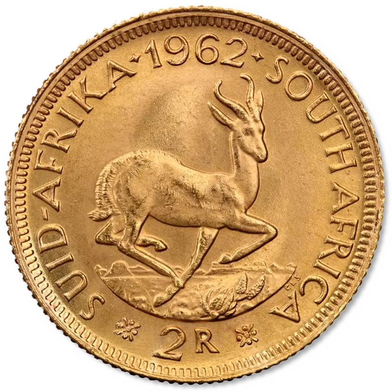South African 2 Rand gold coin reverse with springbok design, investment-grade gold bullion to buy in the UK