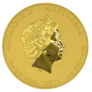 Australian Lunar Year of the Rabbit 2 oz gold coin reverse with rabbit design, investment-grade gold bullion