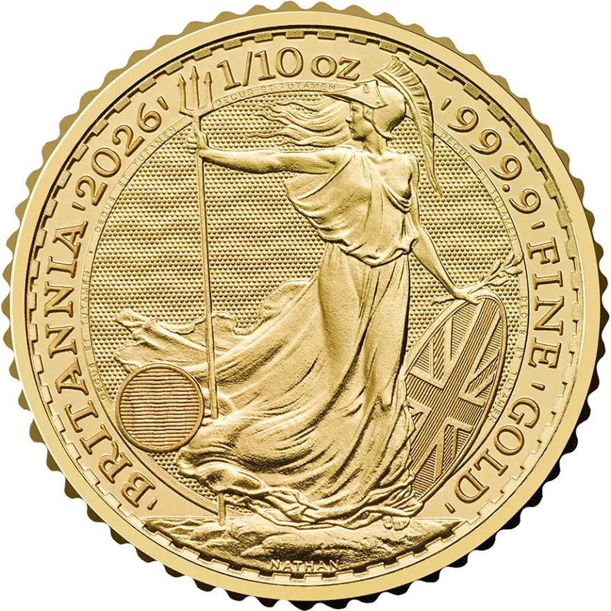 1/10 oz King Charles III Gold Britannia 2026 coin reverse showing Britannia design, investment-grade UK gold bullion