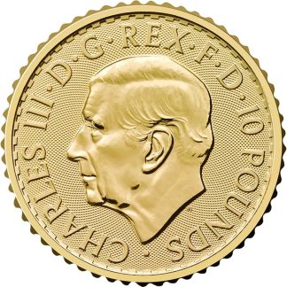 1/10 oz King Charles III Gold Britannia 2026 coin obverse with royal portrait, investment-grade UK gold bullion
