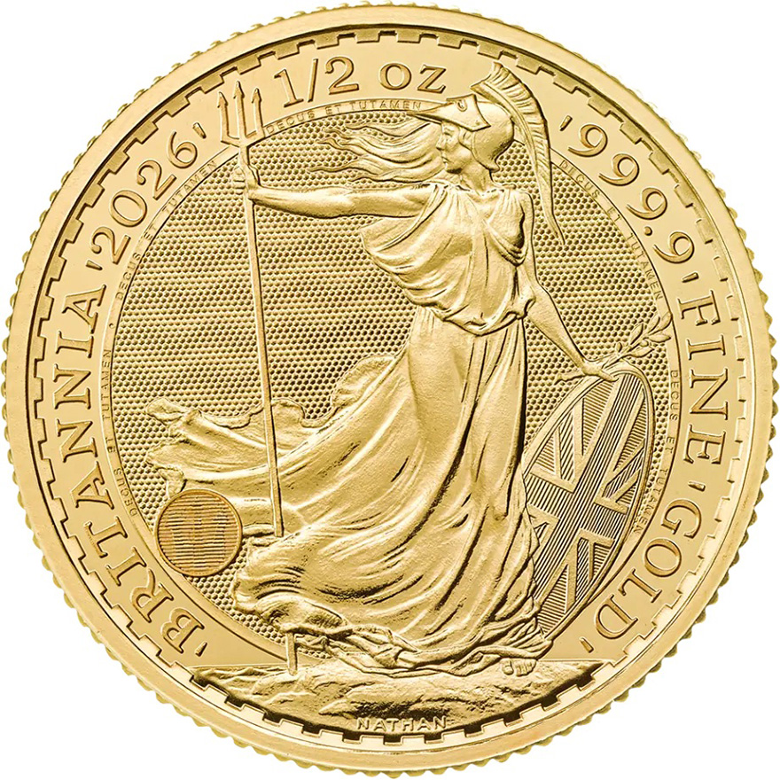1/2 oz King Charles III Gold Britannia 2026 coin reverse showing Britannia design, investment-grade UK gold bullion